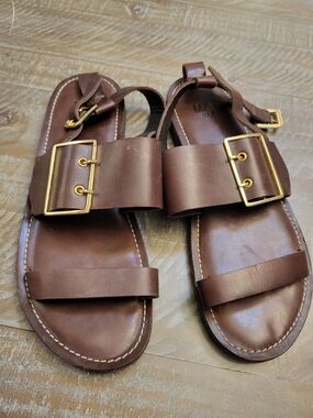 Brown Leather Buckle Sandals - Women's Casual Slide